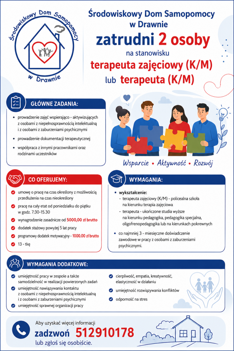 Zdjęcie: Środowiskowy Dom Samopomocy w Drawnie zatrudni 2 osoby