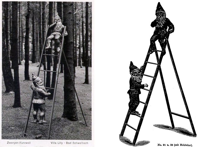 Krasnale z Neuwedell - Drawna na kartce pocztowej oraz z oferty handlowej firmy Seeger&oacute;w Etruria. Źr&oacute;dło Zwergen-Park, Trusetal